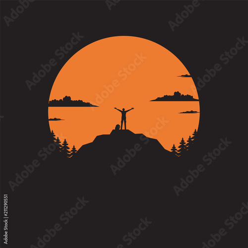 Silhouette the man of mountain on the sun