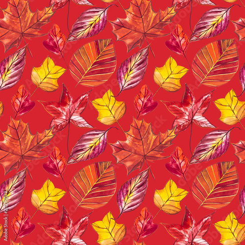 Red and Orange Autumn Leaves Background. Watercolor seamless pattern illustration.