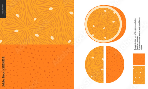 Food patterns, summer - fruit, orange texture, half of orange image on the side -two seamless patterns of the orange pulp full of white seeds and rind with little holes, orange background