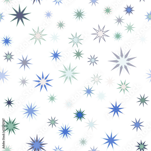 Seamless vector repetitive background with multicolored stars on white background.