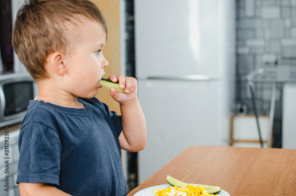 the child in the kitchen eating fresh cucumber and omelet the child in the kitchen eating fresh cucumber and omelet