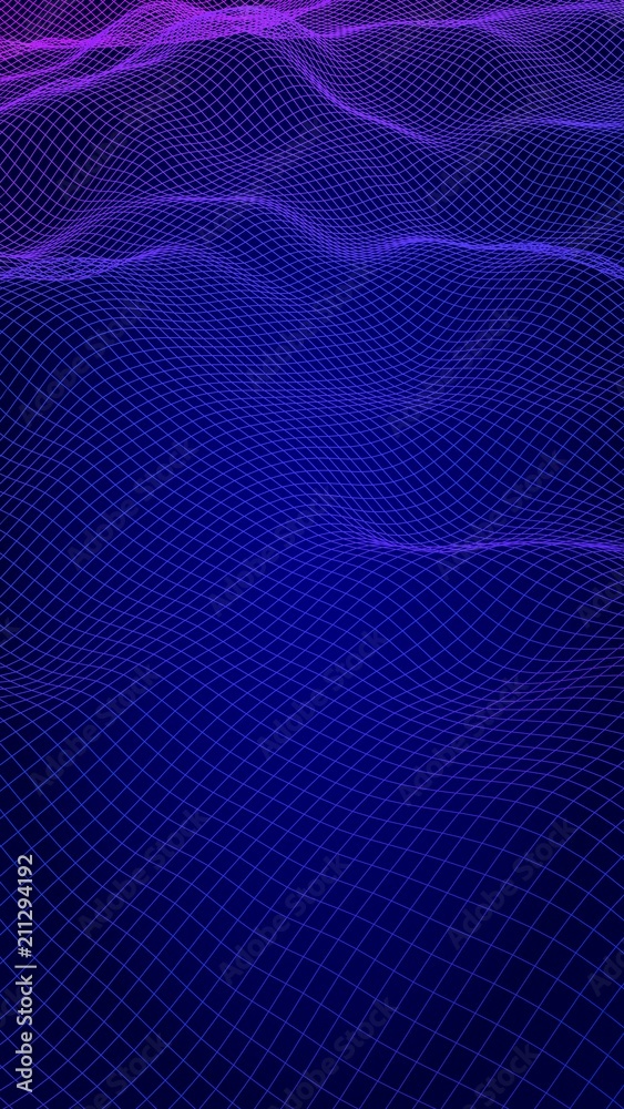 Abstract landscape on a blue background. Cyberspace grid. Hi-tech network, technology. Vertical image orientation. 3D illustration