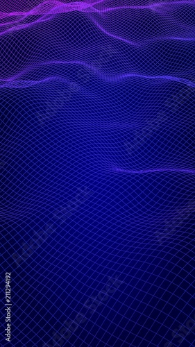 Abstract landscape on a blue background. Cyberspace grid. Hi-tech network, technology. Vertical image orientation. 3D illustration