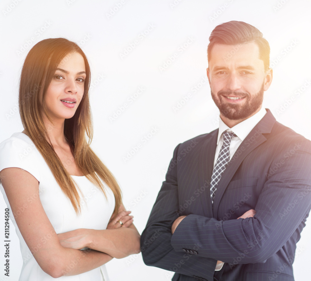 A business man and woman with their hands crossed A business man and woman with their hands crossed