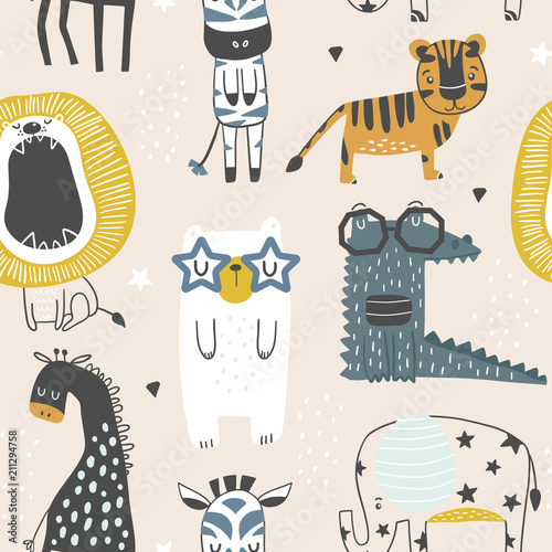 Seamless childish pattern with cute animals in black and white style. Creative scandinavian kids texture for fabric, wrapping, textile, wallpaper, apparel. Vector illustration