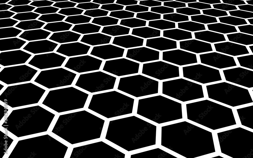 White honeycomb on a black background. Perspective view on polygon look like honeycomb. Isometric geometry. 3D illustration White honeycomb on a black background. Perspective view on polygon look like honeycomb. Isometric geometry. 3D illustration