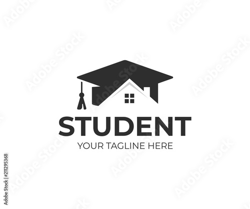 Student housing logo template. Students accommodation vector design. Bachelor cap and house roof logotype