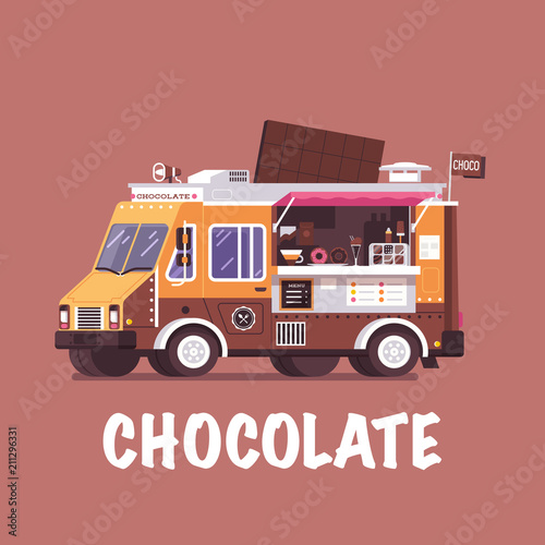 Retro chocolate truck in flat design. City street food van with choco bar. Summer auto kiosk in flat design. Cartoon car with food on wheels. Vintage cartoon minivan with sweets and coffee.