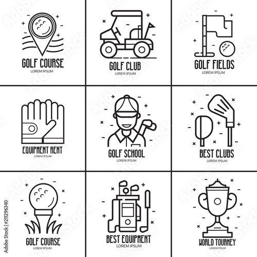 Golf logotypes and emblems templates with golfing icons and signs in line art style. Golf club, world tourney, golfer man, carts and other logo and signs set.