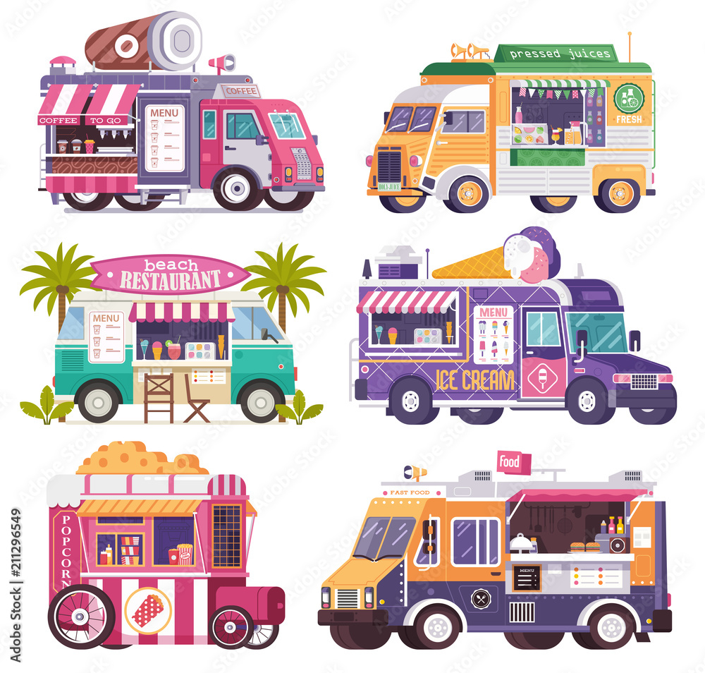 City fast food trucks and wagons set in flat design. Ice cream parlor, coffee van, beach bar, popcorn cart and summer juice caravan. Street food festival cars with drinks and snacks on wheels.