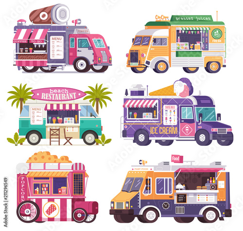 Obraz na płótnie City fast food trucks and wagons set in flat design. Ice cream parlor, coffee van, beach bar, popcorn cart and summer juice caravan. Street food festival cars with drinks and snacks on wheels. w salonie