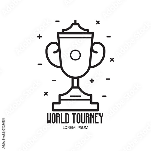 World competition logo template with trophy cup icon in line art. Winner logo or emblem with chalice sport prize on pedestal.