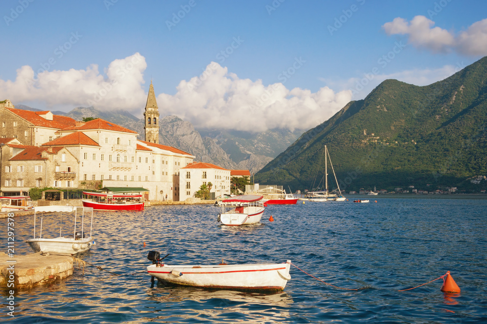 Mediterranean landscape. Montenegro, Bay of Kotor. View of the ancient town of Perast with  bell tower of church of St. Nicholas