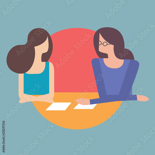 Two business women at business chat, business training, teacher and student are talking, Flat vector illustration.