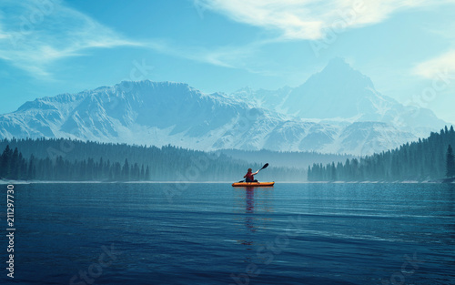 Foto Man with canoe on the lake