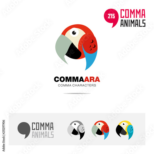 Ara parrot bird concept icon set and modern brand identity logo template and app symbol based on comma sign
