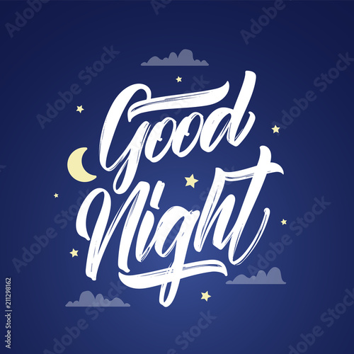 Vector illustration: Handwritten brush type lettring of Good Night with moon and stars on sky background.