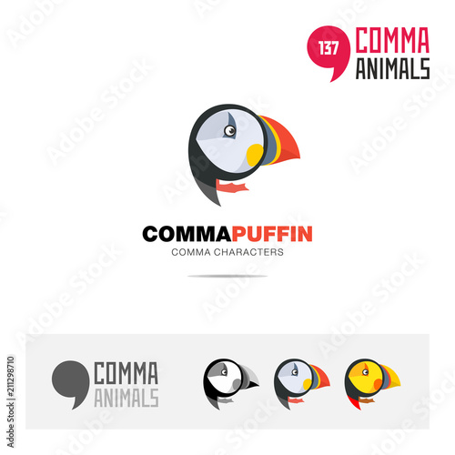 Puffin bird concept icon set and modern brand identity logo template and app symbol based on comma sign