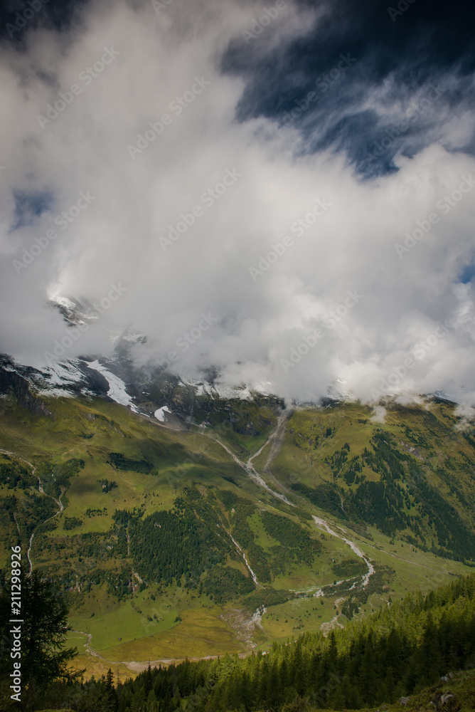 Landscape of the Alps. Snow-capped mountain peaks. beautiful meadows of Austria. Freedom, tourism, travel. Großglockner alpine  road. 
