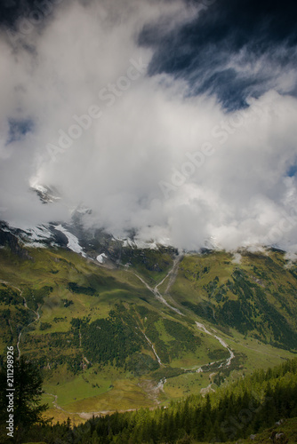 Landscape of the Alps. Snow-capped mountain peaks. beautiful meadows of Austria. Freedom, tourism, travel. Großglockner alpine road. 