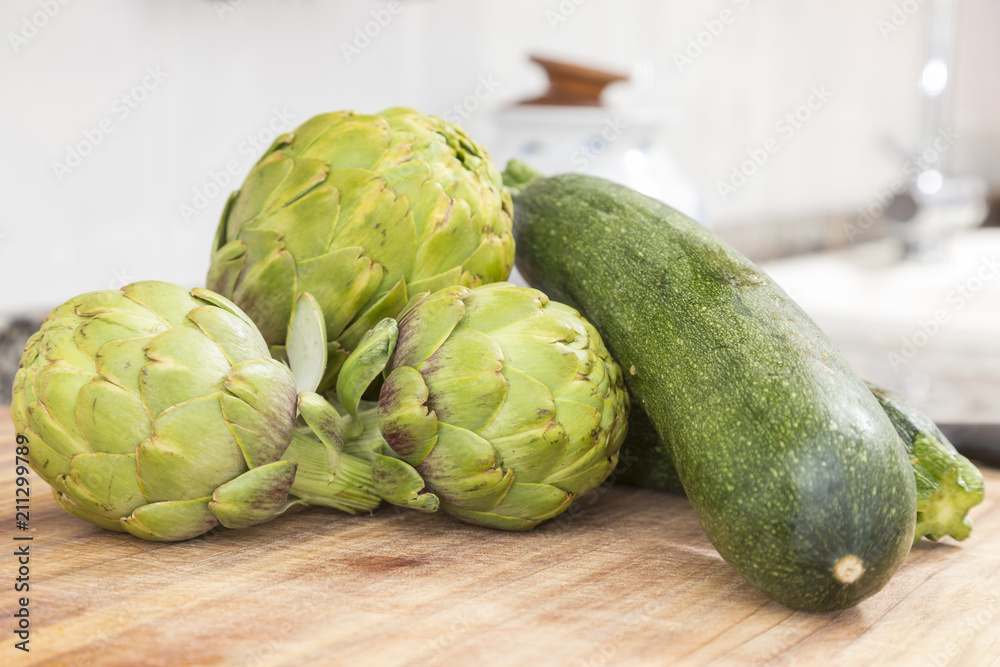 Fototapeta premium raw vegetables on the kitchen table, fresh and natural foods
