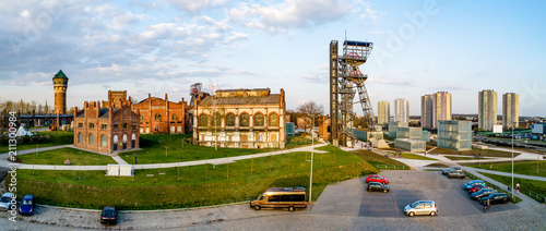 Wide panorama of contemporary Katowice city center  in Poland with old buildings, lift and facilities of a former coal mine