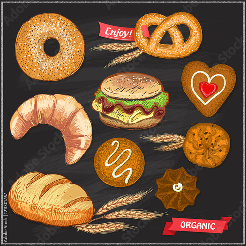 Assorted pastry set illustration on a chalkboard