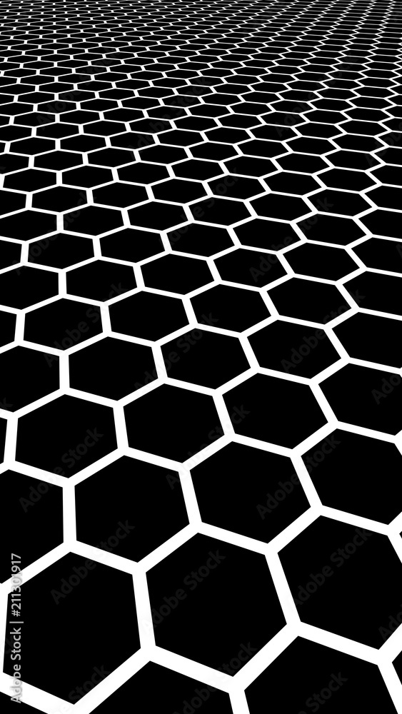 White honeycomb on a black background. Perspective view on polygon look like honeycomb. Isometric geometry. Vertical image orientation. 3D illustration White honeycomb on a black background. Perspective view on polygon look like honeycomb. Isometric geometry. Vertical image orientation. 3D illustration