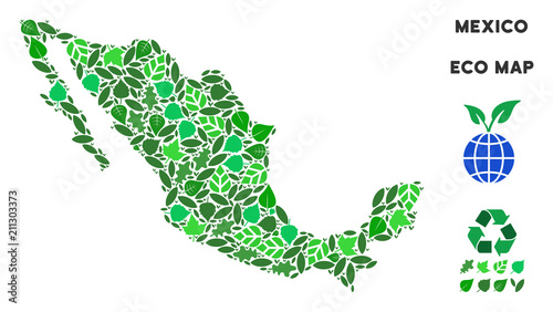 Eco Mexico map collage of herbal leaves in green color shades. Ecological environment vector concept. Mexico map is designed with green herbal icons. Abstract territory scheme.