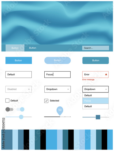 Light BLUE vector web ui kit with lamp shapes.