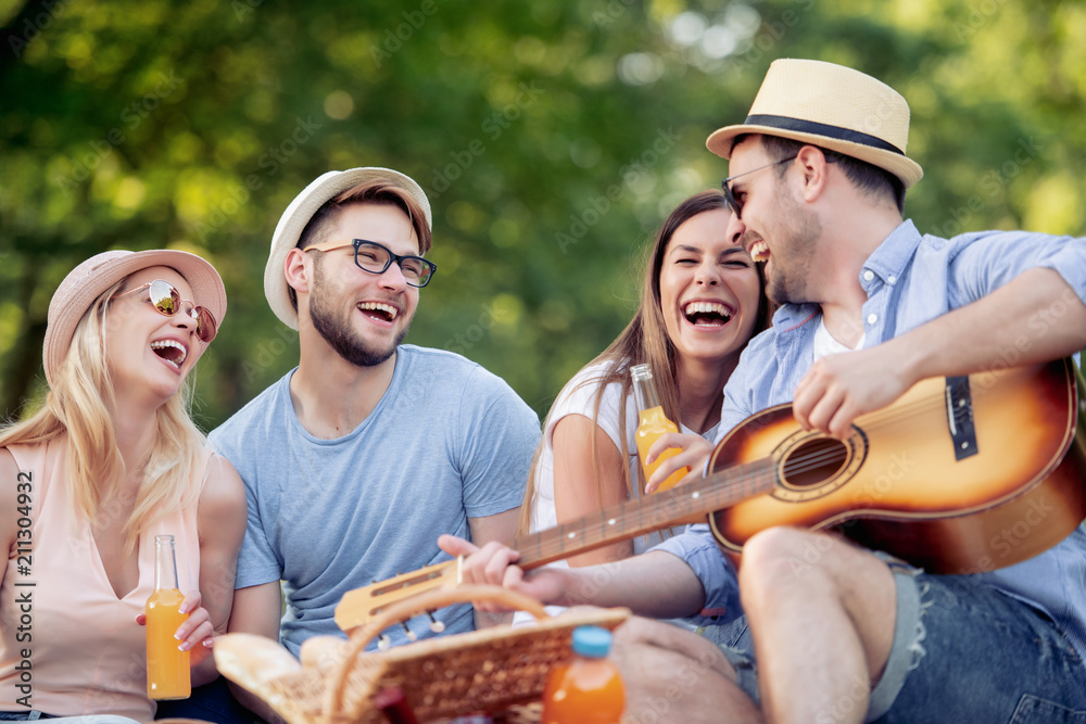 Happy young friends having picnic in the park Happy young friends having picnic in the park