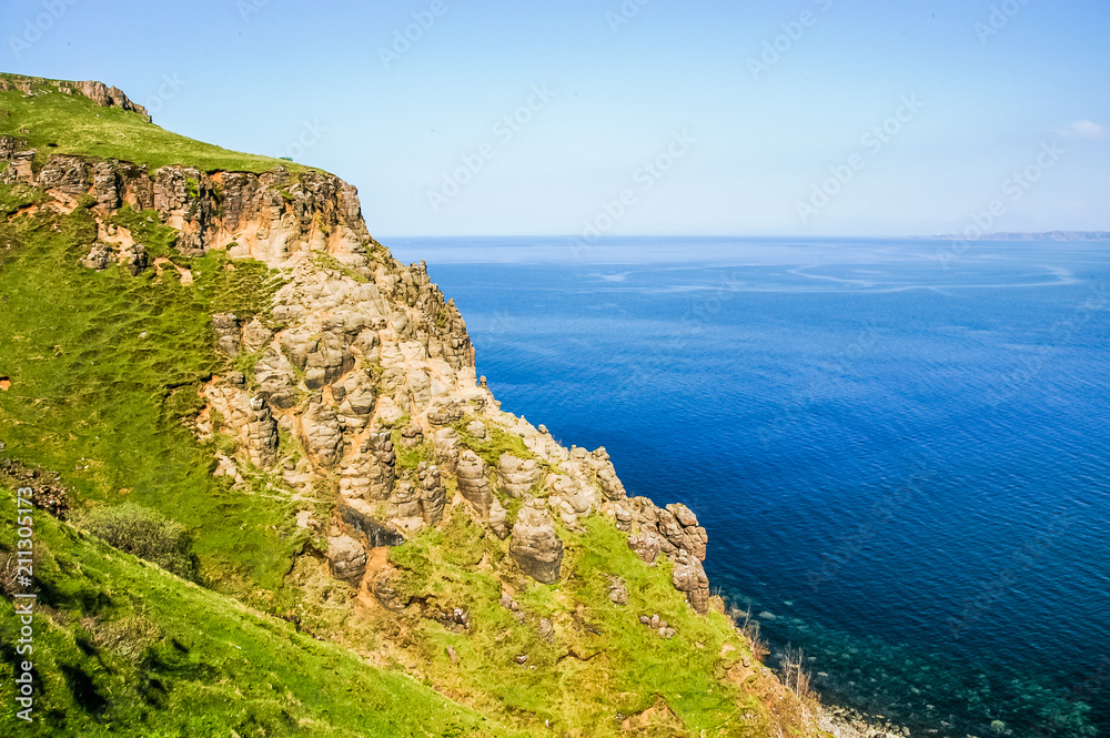 Rocky seashore covered with green grass