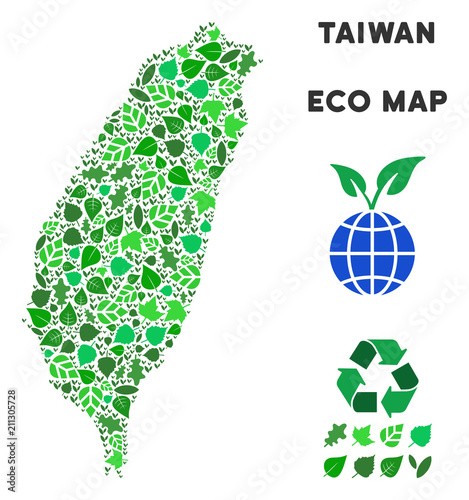 Ecology Taiwan Island map composition of herbal leaves in green color shades. Ecological environment vector concept. Taiwan Island map is constructed from green herbal icons. photo