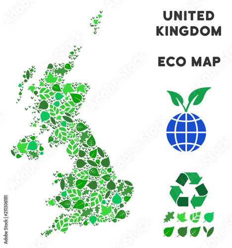 Ecology United Kingdom map composition of herbal leaves in green color hues. Ecological environment vector template. United Kingdom map is organized from green herbal items. Abstract geographic plan.