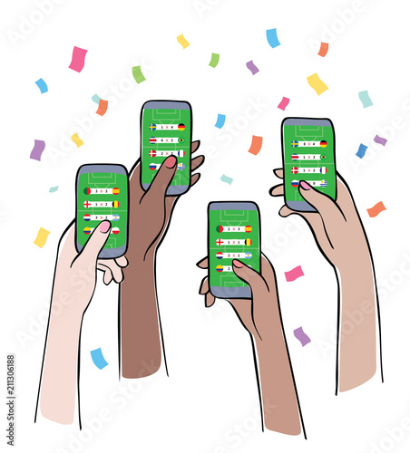 Online Sports Bet - Multiracial people having fun with football (soccer) App on mobile. Hands holding smartphones with confetti on background