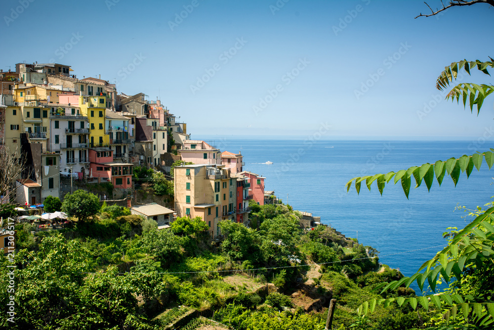 Horizontal View of the city of Corniglia  on Blue Sky and Sea Background in the Italian National Park of the Cinque Terre.