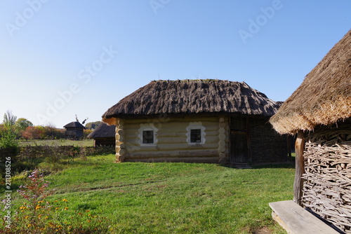 log house with a thatched roof