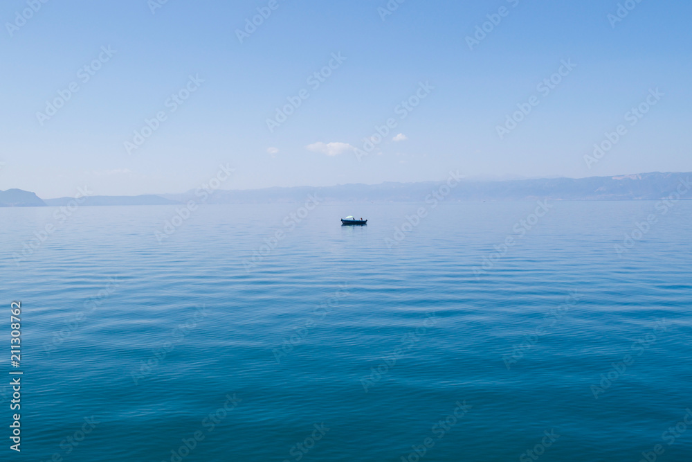 Lone boat out on Lake Ohrid, Republic of Macedonia