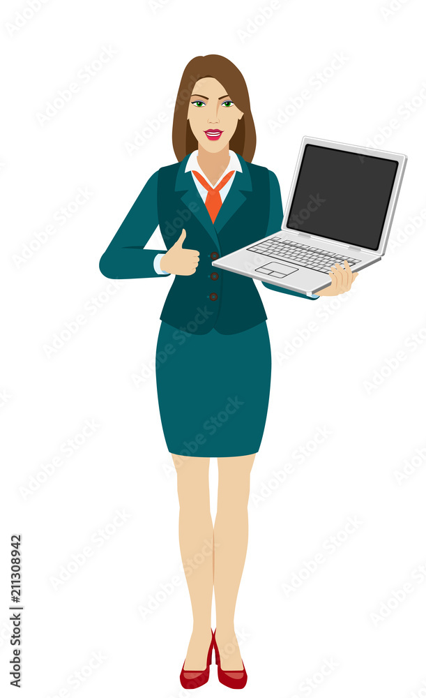 Businesswoman holding a laptop notebook and shows thumb up Businesswoman holding a laptop notebook and shows thumb up