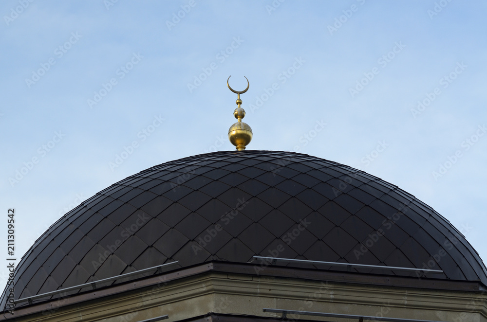 View of dome of mosque with a signs of crescent and star. 