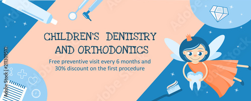 Dentistry and orthodontics for children. Banner or flyer design template. Tooth Fairy. Hygiene of the oral cavity.