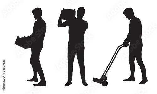 Set silhouette of a man carrying a box and carrying a cart