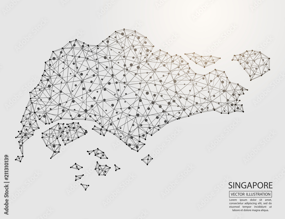 A map of Singapore consisting of 3D triangles, lines, points, and connections. Vector illustration of the EPS 10. A map of Singapore consisting of 3D triangles, lines, points, and connections. Vector illustration of the EPS 10.
