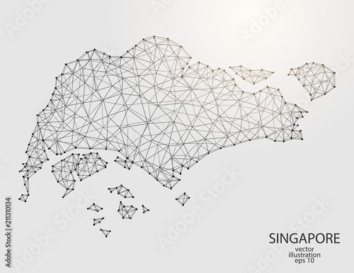 A map of Singapore consisting of 3D triangles, lines, points, and connections. Vector illustration of the EPS 10.