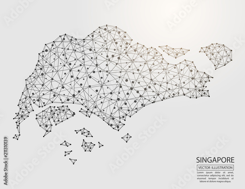 A map of Singapore consisting of 3D triangles, lines, points, and connections. Vector illustration of the EPS 10.