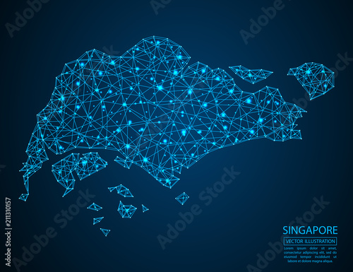 A map of Singapore consisting of 3D triangles, lines, points, and connections. Vector illustration of the EPS 10.