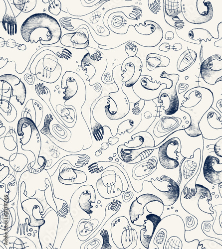 Seamless pattern with humans bodies, hand-drawn in lines. Monochrome doodle.