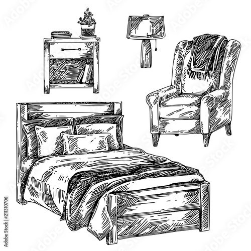 Set of wooden furniture for bedroom. Bed, chair, bedside table and lamp. Sketch. Engraving style. Vector illustration.