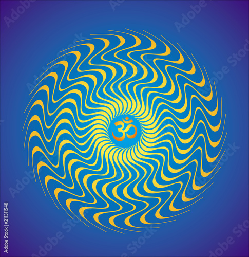 Graphic mandala with Aum / om / ohm sign in yellow and blue colors. Pattern of rotation. Spiritual symbol. Laced Ornament. Vector picture