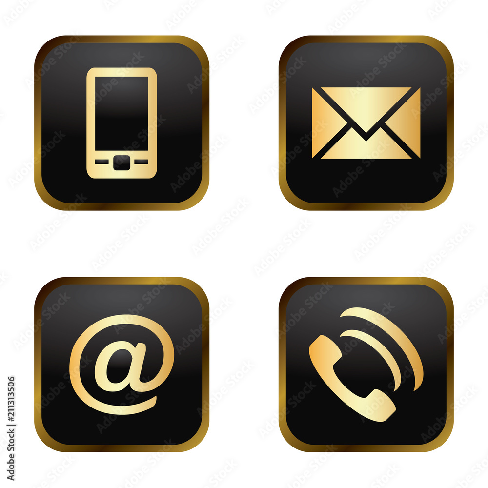 Vector icon set: golden communication icons - mobile phone, envelope, e-mail address, phone Vector icon set: golden communication icons - mobile phone, envelope, e-mail address, phone